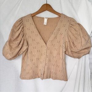 H&M Tan Puff Sleeve Cropped Blouse